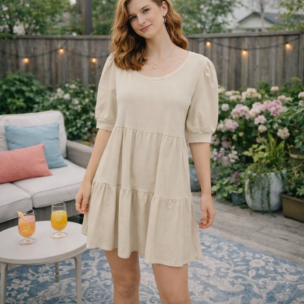 t.la Puff‎ Sleeve Dress Womens Petite Large Cream Tiered Casual Mini Made in USA